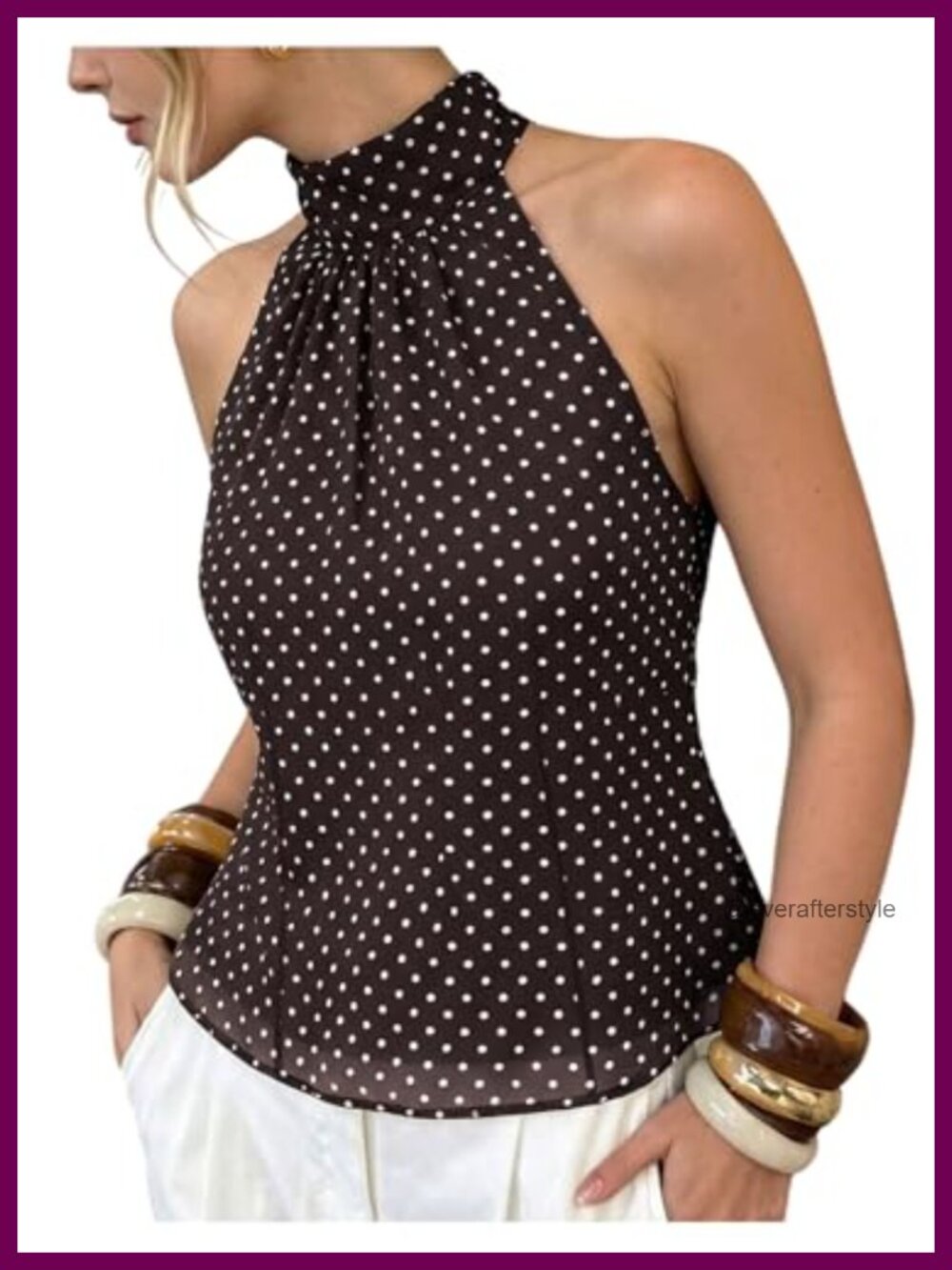 Polka Dots Halter Top Chiffon Mock Neck Sleeveless Tie Back Summer Blouse